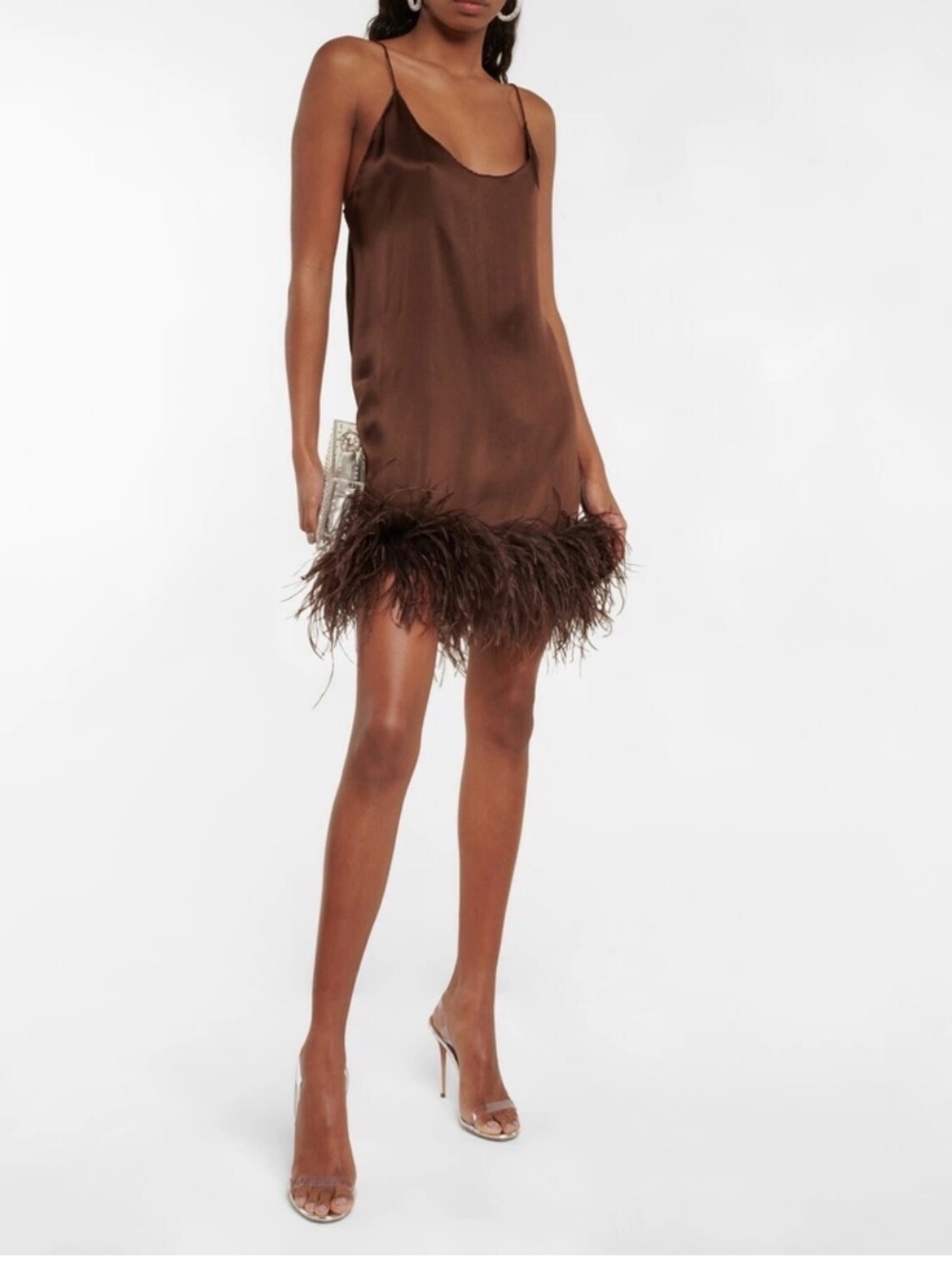 Oseree Plumage Satin Feather-Trimmed Minidress , Size XL, US 12